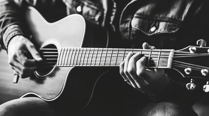 Fototapeta premium A person sits on a couch, strumming a guitar, creating a relaxed atmosphere filled with music and creativity.