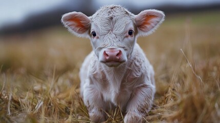 Obraz premium Adorable White Calf in a Brown Grass Field