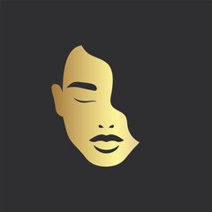 Abstract minimalist golden silhouette of a female face. Beautiful woman face with closed eyes silhouette. Vector illustration