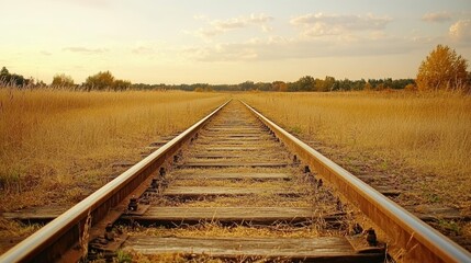 Fototapeta premium A train track winds through a vast, open field, showcasing the intersection of nature and transportation in a serene landscape.