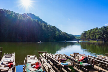 Naklejka premium Beautiful destination nature lake and forest of Pang Oung lake and pine forest in Mae Hong Son, Thailand. Nature landscape. Environmental friendly outdoor activity and camping surrounded by valley.