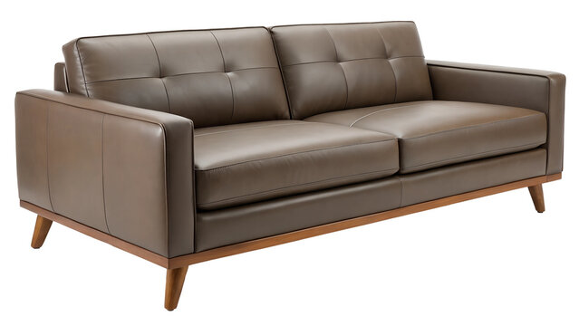 recommend clip art: Modern Leather Sofa with Wooden Legs on White Background, Stylish, Modern Living Room Furniture