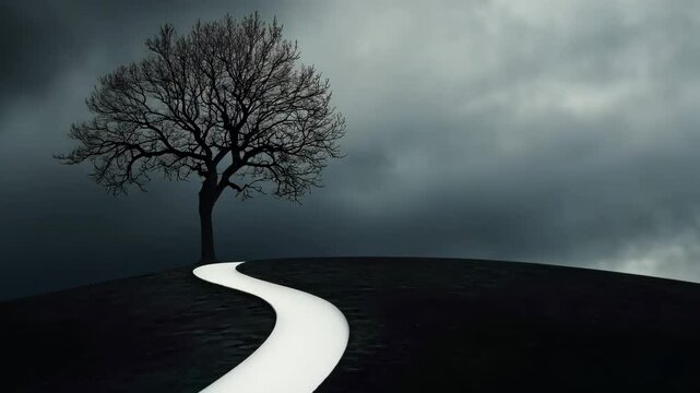 Lonely tree on hill with winding path moody sky