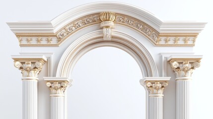 Naklejka premium Elegant arched doorway, classical columns, sunlit wall, interior design