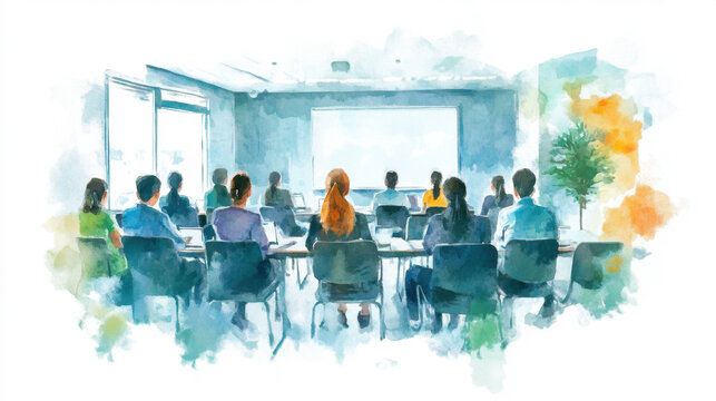 Training session, professional environment, hands-on activities, Watercolor style., copy space for text.