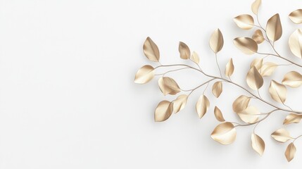 Golden leaves branch, white background, flatlay, elegant design, website banner