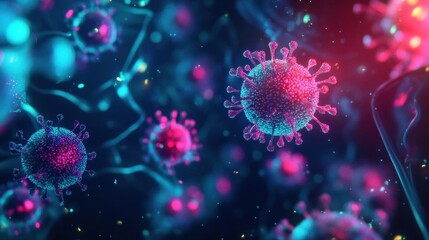 Fototapeta premium Microscopic 3D Visualization of Colorful Virus Particles Floating in Dark Space for Medical and Scientific Research
