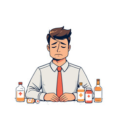 Vsai sad businessman choosing between alcohol and medicine bottles for addiction