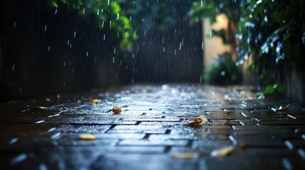 Fototapeta premium Rain gently falls on a sidewalk scattered with vibrant leaves, creating a serene and tranquil outdoor atmosphere during a rainy day.