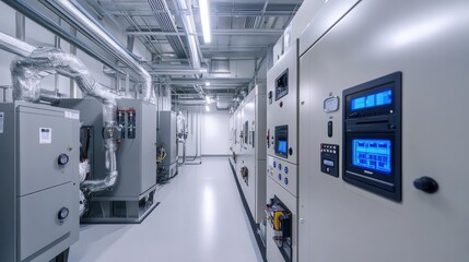 Modern High-Tech Industrial HVAC Control Center with Smart Monitoring Systems and Energy Efficient Equipment in Clean Contemporary Mechanical Room