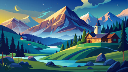 alpine landscape panorama in the evening, herzogstand mountain