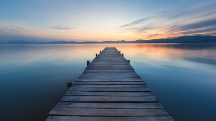 A peaceful wooden pier at dawn, leading toward a calm sea with soft light reflecting off the water.