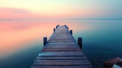 Naklejka premium A peaceful wooden pier at dawn, leading toward a calm sea with soft light reflecting off the water.
