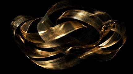A swirling gold ribbon forming an abstract shape, set against a dark background. 