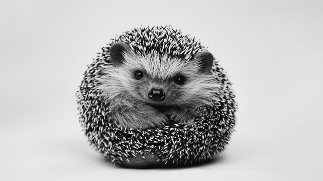 Monochrome Image Of A Curled-Up Hedgehog Against A White Background, Showcasing Its Spiky Texture And Adorable Features.
