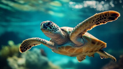 Obraz premium Sea Turtle Swimming Underwater in a Vibrant Ocean