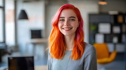 Confident young woman with vibrant dyed hair smiling in a bright office space while working on a project