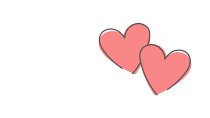 Illustration of two overlapping pink hearts with black outlines on a white background. Love and romance background.