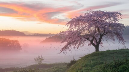 Lone Cherry Blossom at Dawn