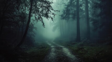 Mysterious Dark Forest Path with Ethereal Fog and Silhouetted Trees Creating Atmospheric Horror Scene Perfect for Thriller Concepts