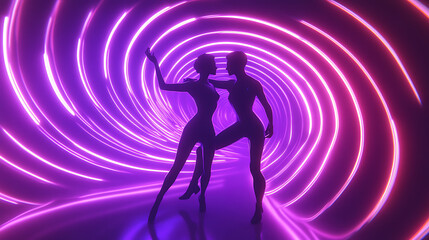 A 3D-animated scene of a futuristic couple dancing in zero gravity, their bodies moving in perfect harmony as neon lights swirl around them 