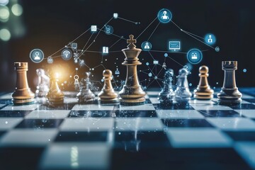 A creative depiction of a chessboard with business icons, symbolizing strategic moves