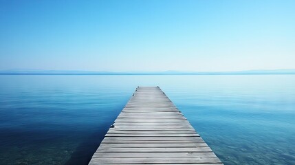 Obraz premium A quiet wooden pier extending out to the horizon, surrounded by the tranquil, still waters of the ocean.