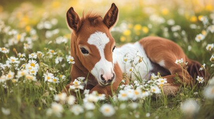 Brown and White Foal Resting in Daisy Field
