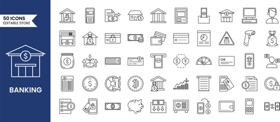 Banking icon set in line style. Online Banking, payment, investment, finance, bank and more. Vector illustration
