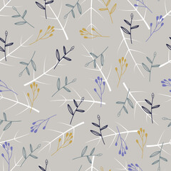Floral seamless surface pattern design of whimsical branchlets and leaves