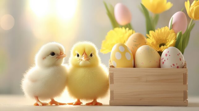 Cute chicks with Easter eggs and flowers