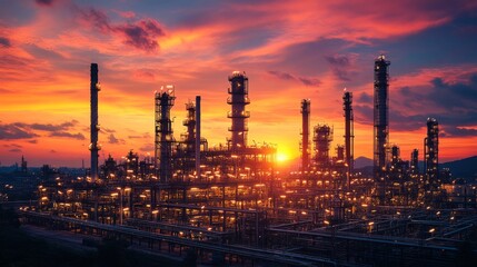 Fototapeta premium The oil and gas refinery, or petrochemical industry, is depicted after sunset with factory pipes and chemical petroleum buildings illuminated, highlighting the themes of power, steel, and energy