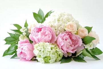 Pink Peony and Garden Rose Luxury Floral Arrangement with Delicate Foliage and White Hydrangeas Perfect for Wedding and Events Photography