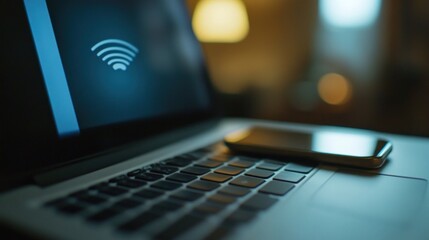Modern connectivity symbolized by laptop's wifi symbol and mobile device