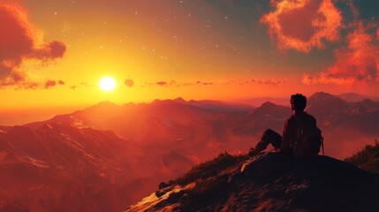 Fototapeta premium A person is relaxing and admiring the sunset over a mountain range. This photo captures the beauty of nature and the tranquility of being alone with one's thoughts.