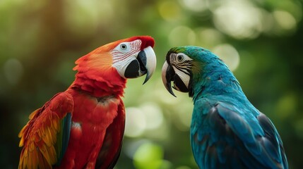 Obraz premium Two Macaws Facing Each Other in Lush Green Tropical Setting