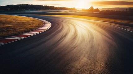 Naklejka premium Racing Circuit Empty Asphalt Track with Dynamic Curves and Professional Racing Line Markings at Golden Hour