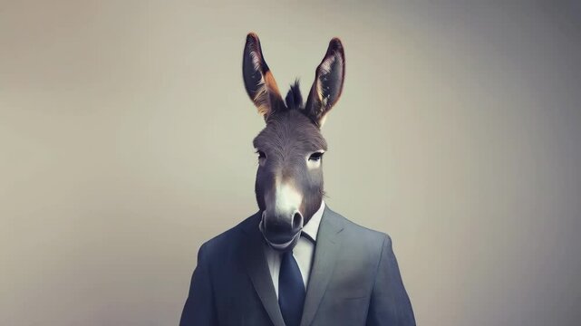 Professional executive sporting donkey mask, standing against plain backdrop, representing workplace satire and political leadership critique