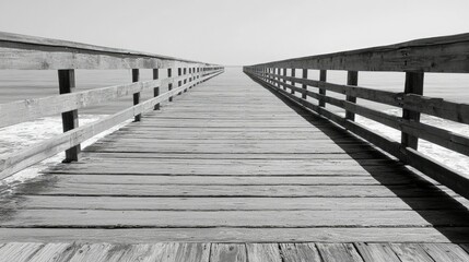 Fototapeta premium A serene wooden pier stretching into the horizon, with calm waves lapping against the planks of the pier.