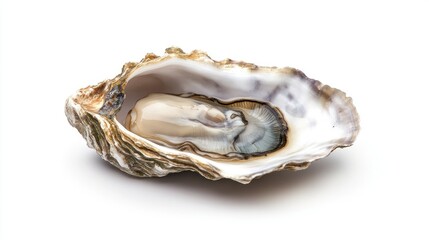 A simple and elegant food styling shot of a raw oyster, opened and displayed in its half shell, isolated on white.