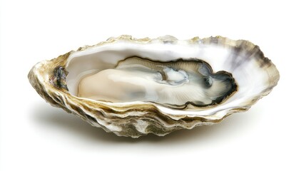 A simple and elegant food styling shot of a raw oyster, opened and displayed in its half shell, isolated on white.