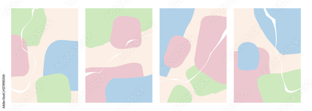 Aufkleber Springtime theme colors. Abstract backgrounds with various curved soft colored shapes and white bent lines for Spring season creative graphic design. Vector illustration.