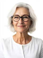Fototapeta premium Senior Professional Woman Radiating Confidence and Wisdom Portrait with Natural Smile and Modern Eyeglasses Against Clean Studio Background