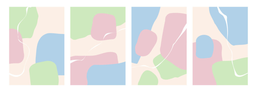 Springtime theme colors. Abstract backgrounds with various curved soft colored shapes and white bent lines for Spring season creative graphic design. Vector illustration.