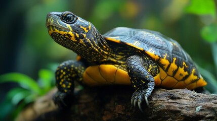 Fototapeta premium Closeup of a Yellow and Black Turtle on Wood
