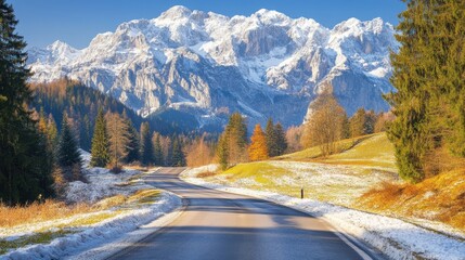 Fototapeta premium A scenic view featuring distant mountains with a winding road visible in the foreground, showcasing the beauty of nature's landscape.