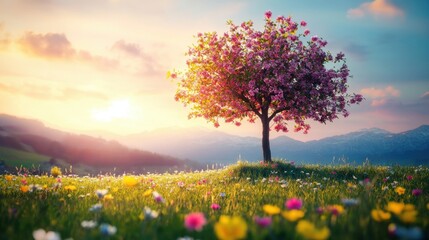 A tree bursting with colorful blossoms in a tranquil meadow, representing self-care and mental renewal.
