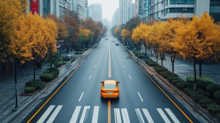 A yellow taxi navigates through a bustling city street, showcasing urban life and transportation in...