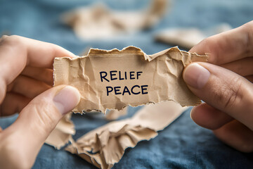Hands holding torn paper with words relief and peace symbolizing hope, mental healing, emotional support, inner calm, psychological well-being, overcoming stress and anxiety