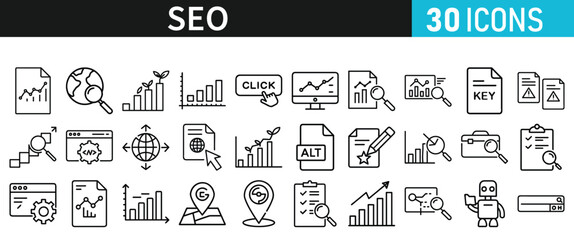SEO icon set for web. Search Engine Optimization. Graph, traffic, optimization, analysis, target. Search Engine, chart and Marketing icons for web and mobile app.